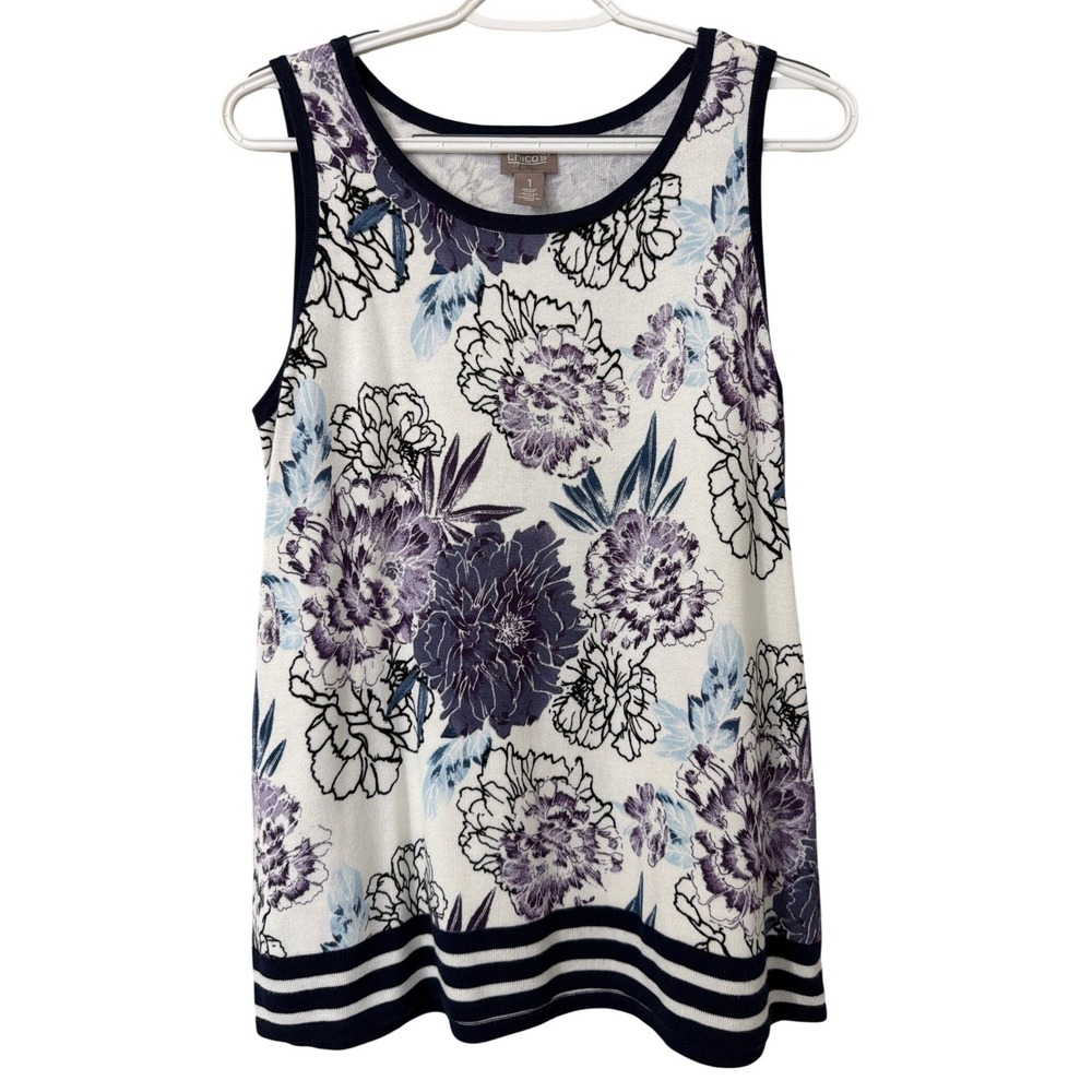 Chicos Floral Knit Tank Top Womens 1 Medium White Purple Navy Stripe‎ Sleeveless